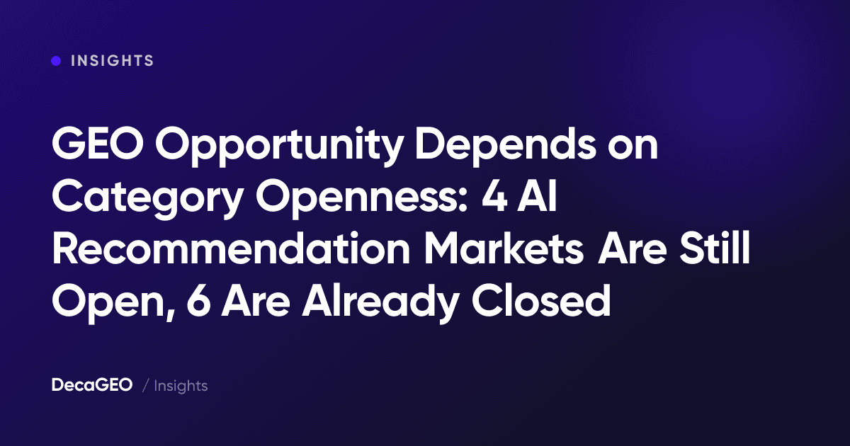 GEO Opportunity Depends on Category Openness: 4 AI Recommendation Markets Are Still Open, 6 Are Already Closed